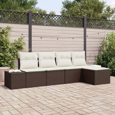 Conjunto de sofá de jardín con cojín 5 pcs Marrón y crema