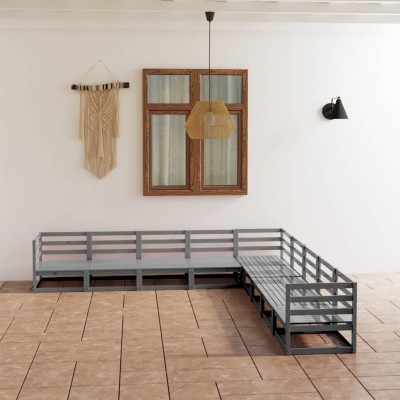 Juego de muebles de jardín 9 pzas y cojines gris madera pino