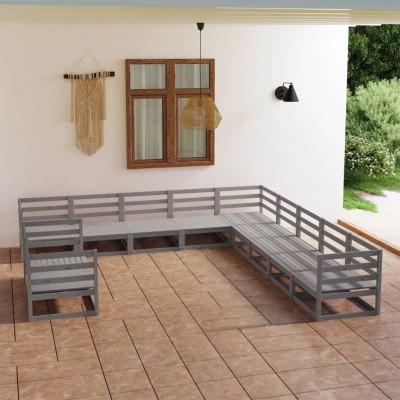 Juego de muebles de jardín 11 piezas madera maciza de pino gris