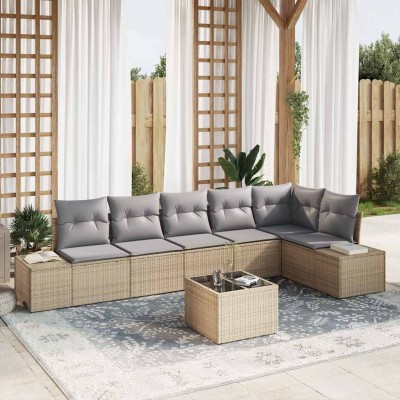 Conjunto de sofá de jardín con cojín 7 pcs Beige y Gris Claro