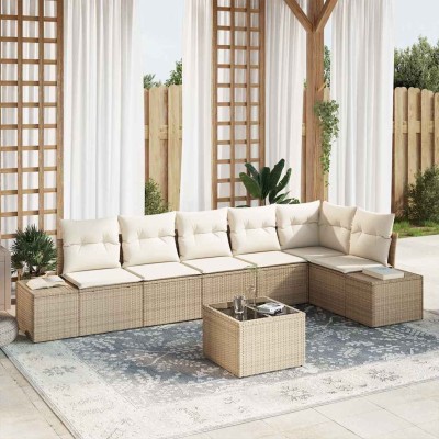 Conjunto de sofá de jardín con cojín 7 pcs Beige y Crema