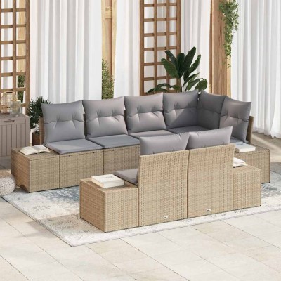 Conjunto de sofá de jardín con cojín 7 pcs Beige y Gris Claro
