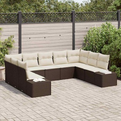 Conjunto de sofá de jardín con cojín 9 pcs Marrón y crema