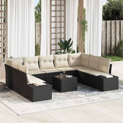 Conjunto de sofá de jardín con cojín 10 pcs Negro y crema