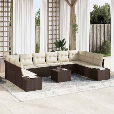 Conjunto de sofá de jardín con cojín 11 pcs Marrón y crema
