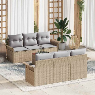 Conjunto de sofá de jardín con cojín 7 pcs Beige y Gris Claro