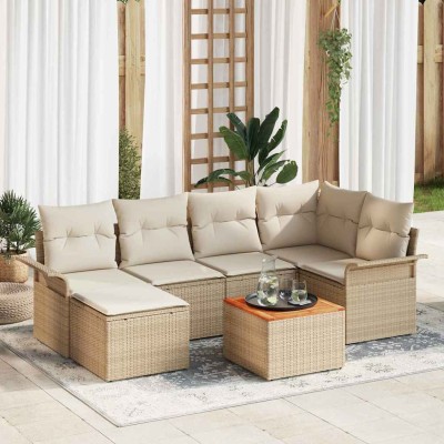 Conjunto de sofá de jardín con cojín 7 pcs Beige y Crema