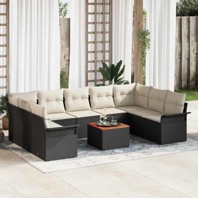 Conjunto de sofá de jardín 10 pcs Negro y crema 55 x 55 x 37 cm