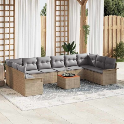 Conjunto de sofá de jardín con cojín 11 pcs Beige y Gris Claro