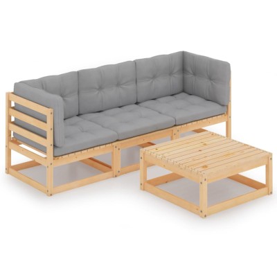 Muebles de jardín 4 piezas con cojines de madera de pino maciza