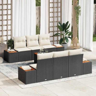 Conjunto de sofá de jardín con cojín 7 pcs Negro Poliratán
