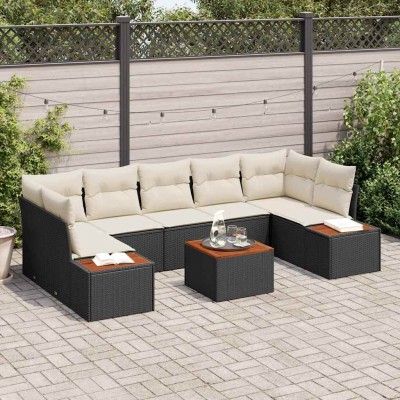 Conjunto de sofá de jardín con cojín 8 pcs Negro Poliratán