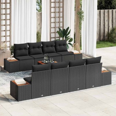 Conjunto de sofá de jardín con cojín 9 pcs Negro Poliratán