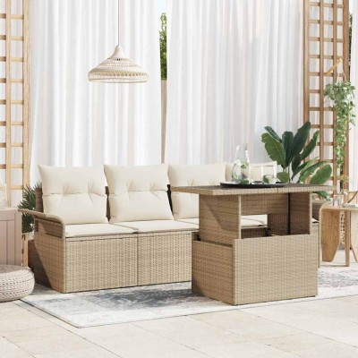 Conjunto de sofá de jardín con cojín 5 pcs Beige Poliratán