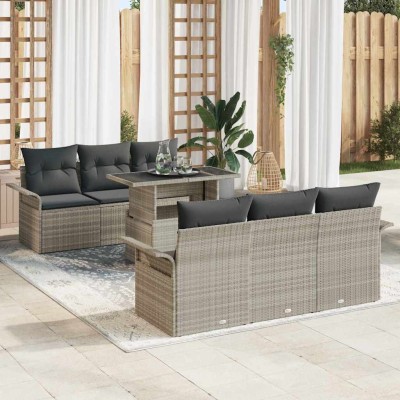 Conjunto de sofá de jardín con cojín 7 pcs Gris Claro Poliratán