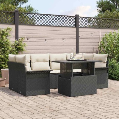 Conjunto de sofá de jardín con cojín 7 pcs Negro Poliratán