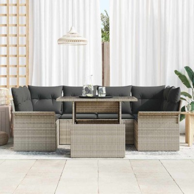 Conjunto de sofá de jardín con cojín 7 pcs Gris Claro Poliratán