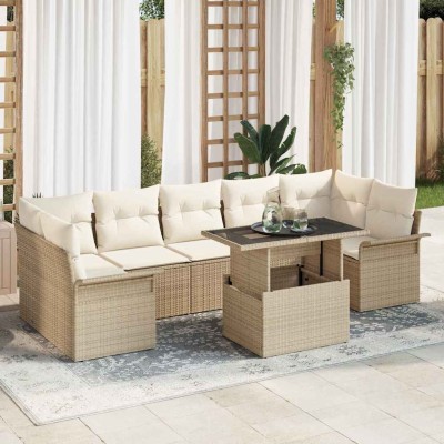 Conjunto de sofá de jardín con cojín 8 pcs Beige Poliratán
