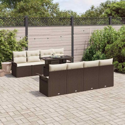 Conjunto de sofá de jardín con cojín 9 pcs Marrón Poliratán
