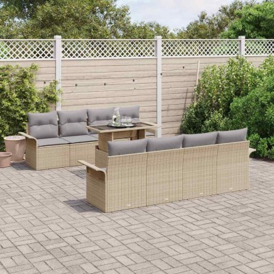 Conjunto de sofá de jardín con cojín 9 pcs Beige Poliratán