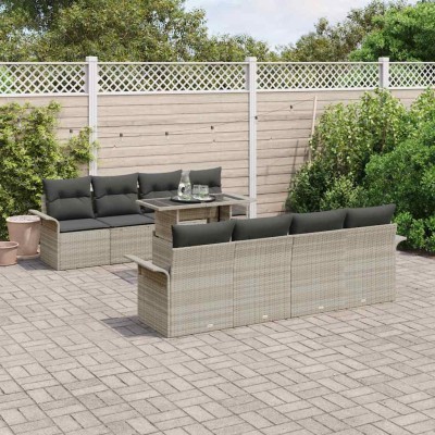 Conjunto de sofá de jardín con cojín 9 pcs Gris Claro Poliratán