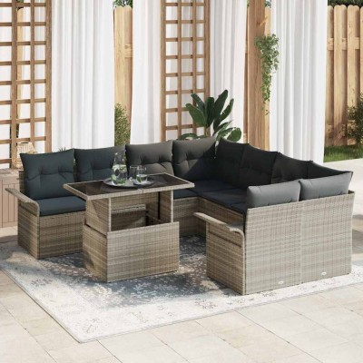 Conjunto de sofá de jardín con cojín 9 pcs Gris Claro Poliratán