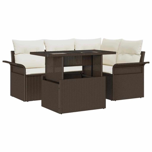 Conjunto de sofá de jardín con cojín 5 pcs Marrón Poliratán