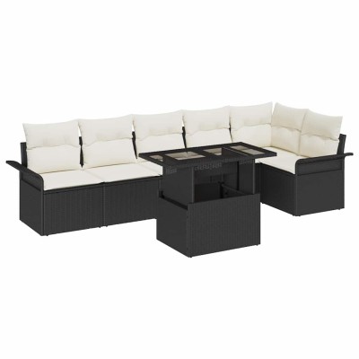 Conjunto de sofá de jardín con cojín 7 pcs Negro Poliratán