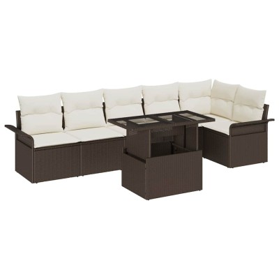 Conjunto de sofá de jardín con cojín 7 pcs Marrón Poliratán