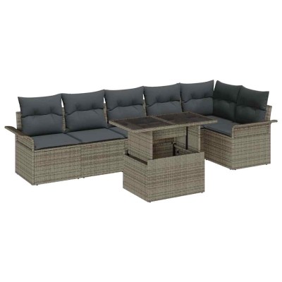 Conjunto de sofá de jardín con cojín 7 pcs Gris Poliratán