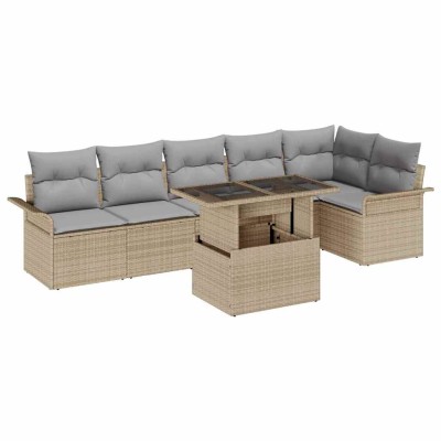 Conjunto de sofá de jardín con cojín 7 pcs Beige Poliratán