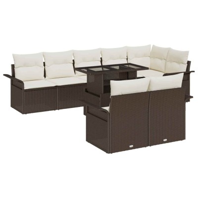 Conjunto de sofá de jardín con cojín 9 pcs Marrón Poliratán
