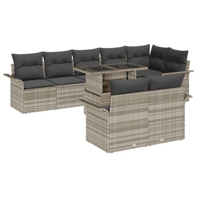 Conjunto de sofá de jardín con cojín 9 pcs Gris Claro Poliratán