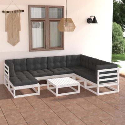 Muebles de jardín 8 pzas y cojines madera maciza pino