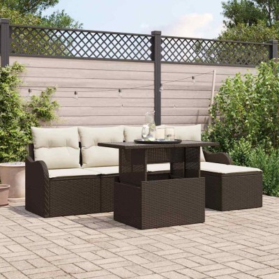 Conjunto de sofá de jardín con cojín 6 pcs Marrón Poliratán