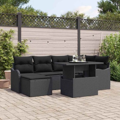 Conjunto de sofá de jardín con cojín 7 pcs Negro Poliratán