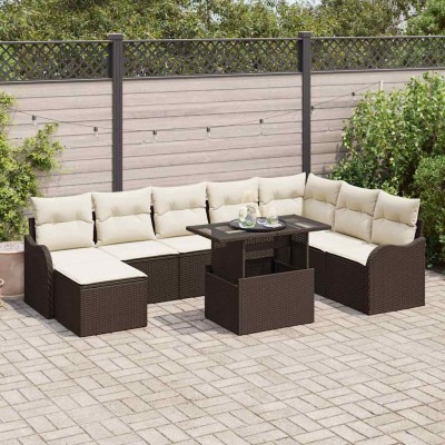 Conjunto de sofá de jardín con cojín 9 pcs Marrón Poliratán