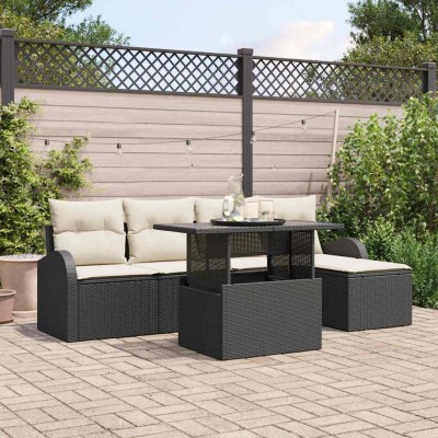 Conjunto de sofá de jardín con cojín 6 pcs Negro Poliratán
