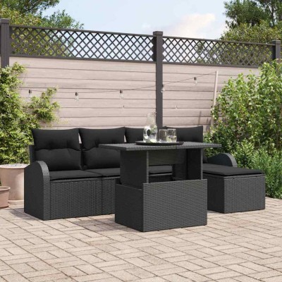 Conjunto de sofá de jardín con cojín 6 pcs Negro Poliratán
