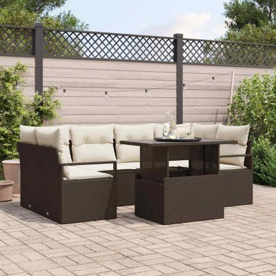 Conjunto de sofá de jardín 7 pcs Marrón Poliratán