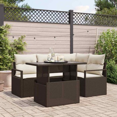 Conjunto de sofá de jardín 5 pcs Marrón Poliratán
