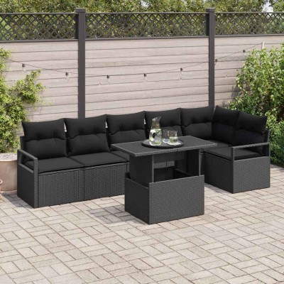 Conjunto de sofá de jardín 7 pcs Negro Poliratán