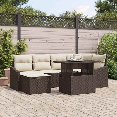 Conjunto de sofá de jardín con cojín 7 pcs Marrón y crema