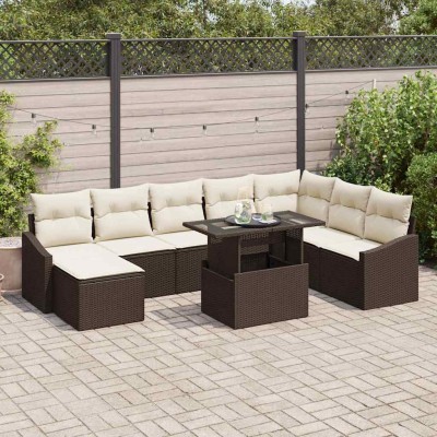 Conjunto de sofá de jardín con cojín 9 pcs Marrón y crema