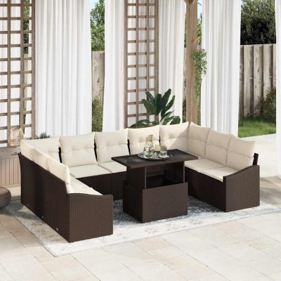 Conjunto de sofá de jardín con cojín 10 pcs Marrón y crema