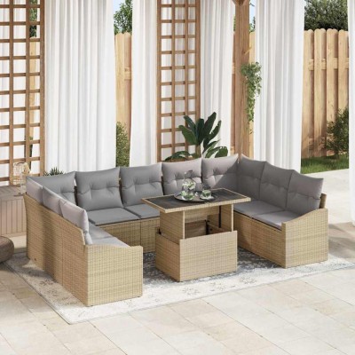 Conjunto de sofá de jardín con cojín 10 pcs Beige y Gris Claro