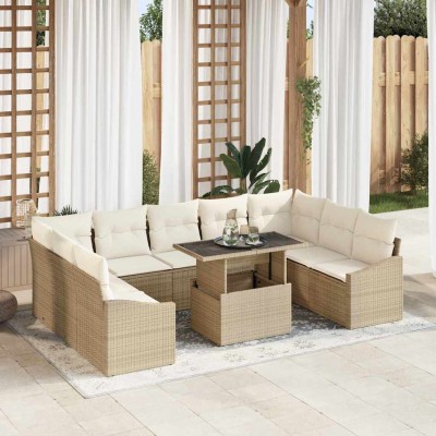 Conjunto de sofá de jardín con cojín 10 pcs Beige y Crema