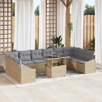 Conjunto de sofá de jardín con cojín 11 pcs Beige y Gris Claro