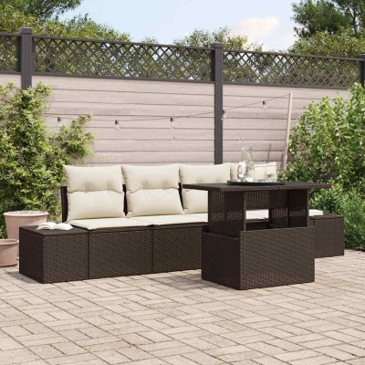 Conjunto de sofá de jardín con cojín 5 pcs Marrón y crema