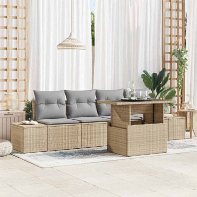 Conjunto de sofá de jardín con cojín 5 pcs Beige y Gris Claro
